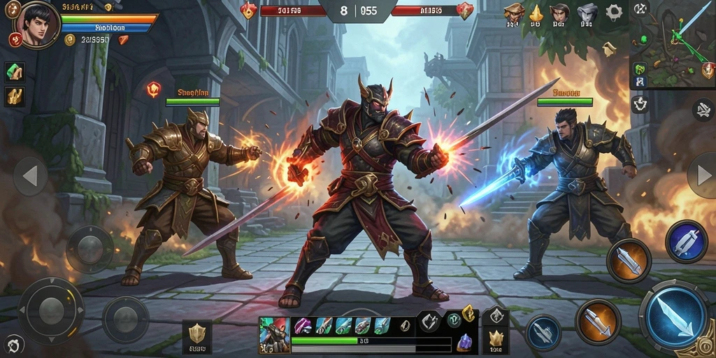 Tampilan gameplay 8055 dengan pertempuran strategi yang intens.