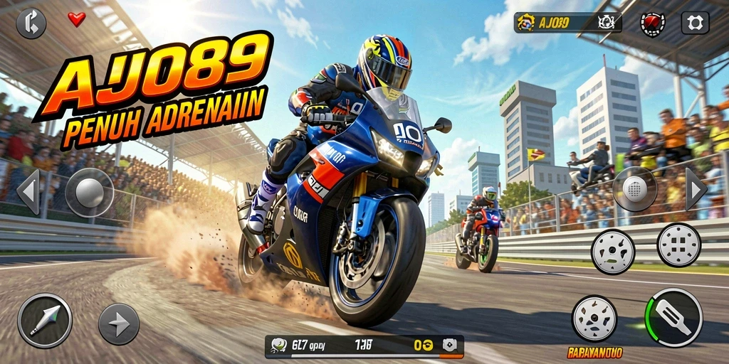 Tangkapan layar gameplay AJO89 menampilkan balapan motor yang seru dan adrenalin tinggi.