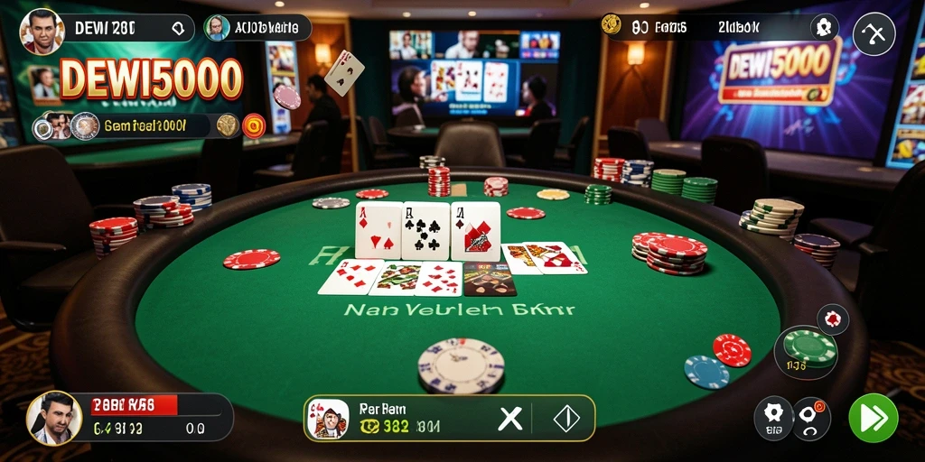 Screenshot gameplay DEWI5000 menampilkan intensitas permainan Poker yang tinggi.
