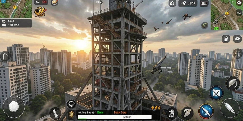 Screenshot OLX128 menampilkan aksi menara yang berstrategi dalam Tower Defense.