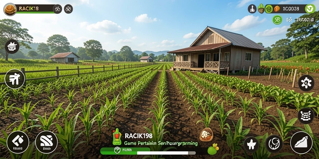 Tampilan gameplay seru di RACIK198 dengan pertanian yang berwarna-warni.