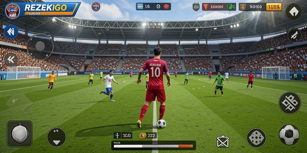 Screenshot gameplay REZEKIGO menampilkan aksi seru di lapangan sepak bola.