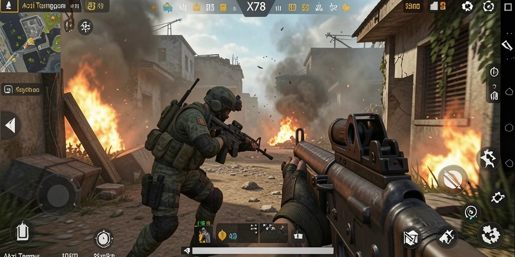 Screenshot dari gameplay intens X78 dalam mode FPS.